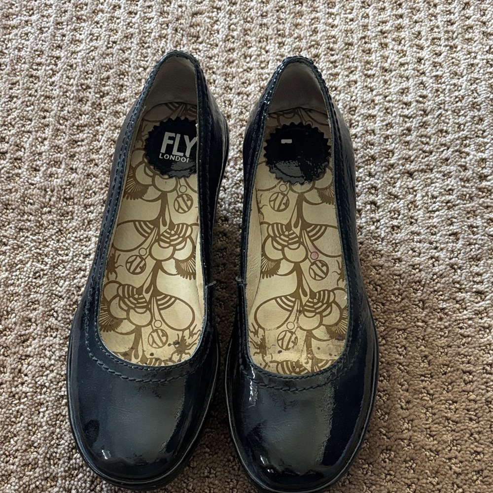 Fly London Black Patent Round-Toe wedges
